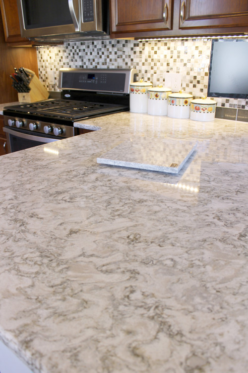 Kitchen Update with Gray Quartz Countertops and Tile Backsplash ~ Strongsville