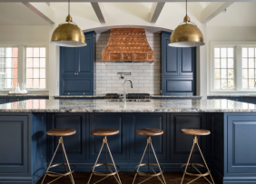 Blue kitchen cabinets and kitchen island